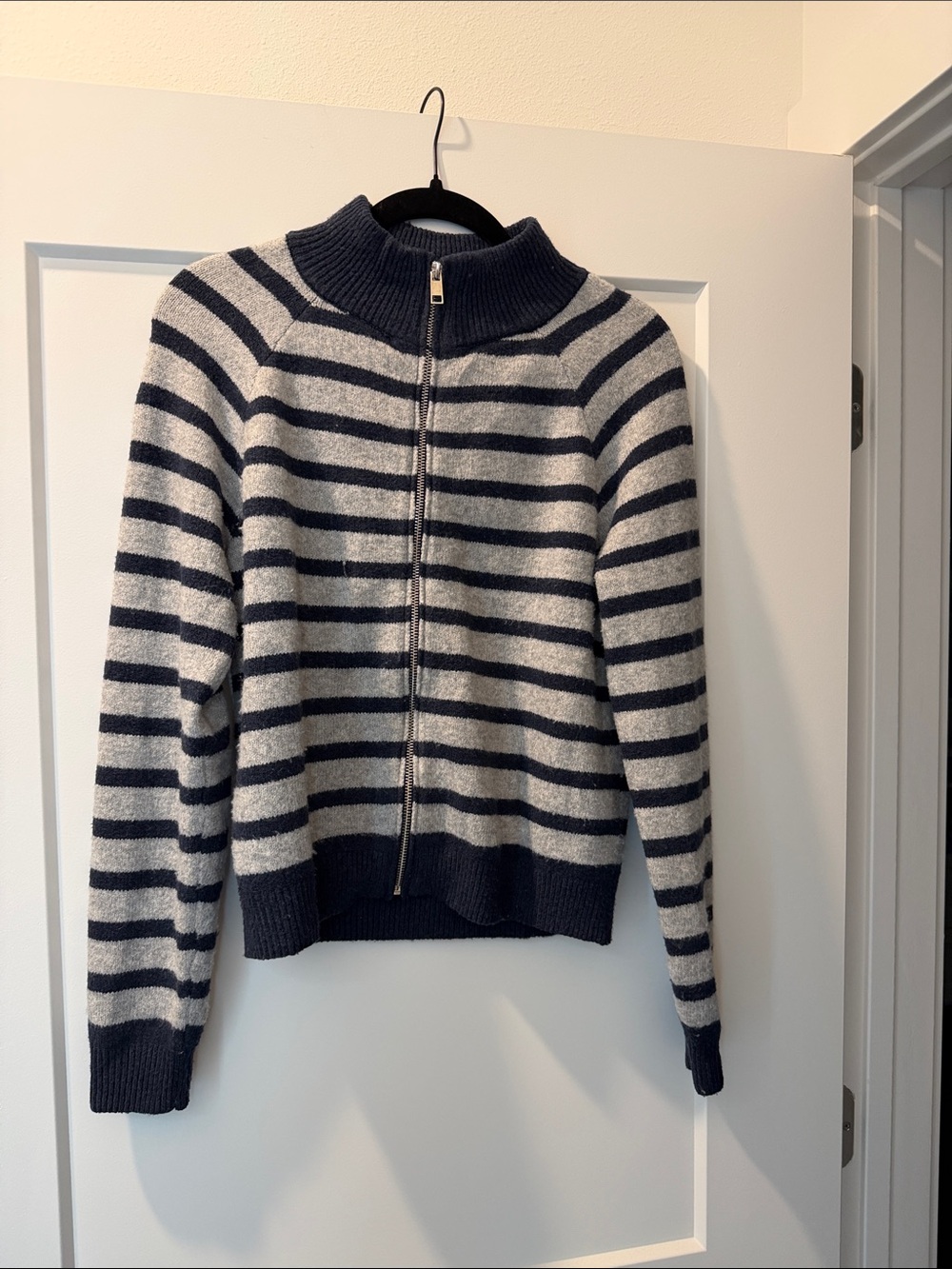 Striped Navy and Grey Zip-Up Women's Sweater